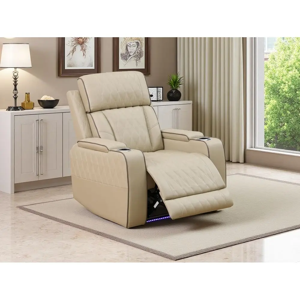 Beige Leather Power Reclining Chair Set, Sectional Sofa with Reclining and Storage, LED-lit Living Room Furniture