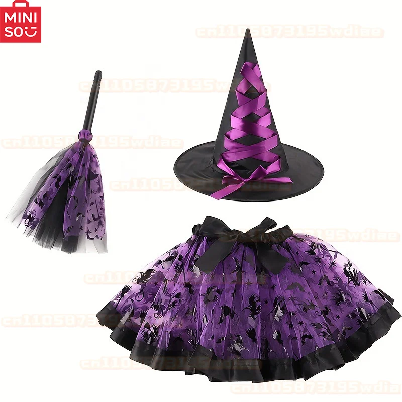 MINISO ハロウィン ガールズ 魔女 コスプレ衣装セット 3ピース バット パンプキン プリント チュチュドレス マッチングハット ほうき ネット ガーゼスカート 衣装