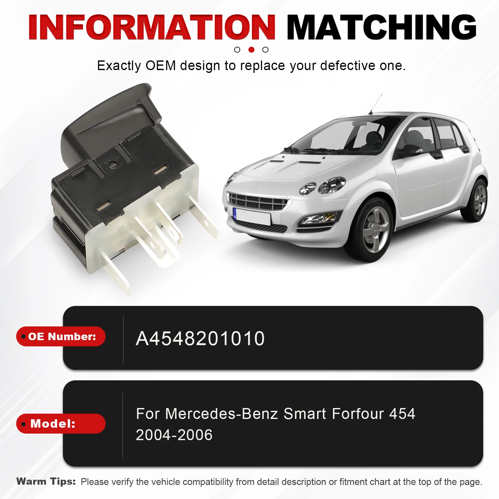 1 Interruptor Eléctrico para Elevalunas, Lado del Conductor/Pasajero, A4548201010, para Mercedes Benz Smart Forfour 454 2004-2006