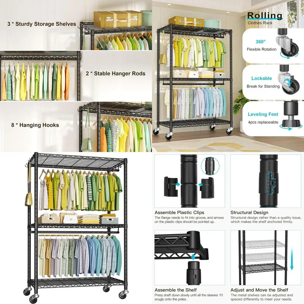 

Портативная усиленная вешалка для одежды на колесах, 45x14x78,5 дюймов, максимальная нагрузка 480 фунтов, черная