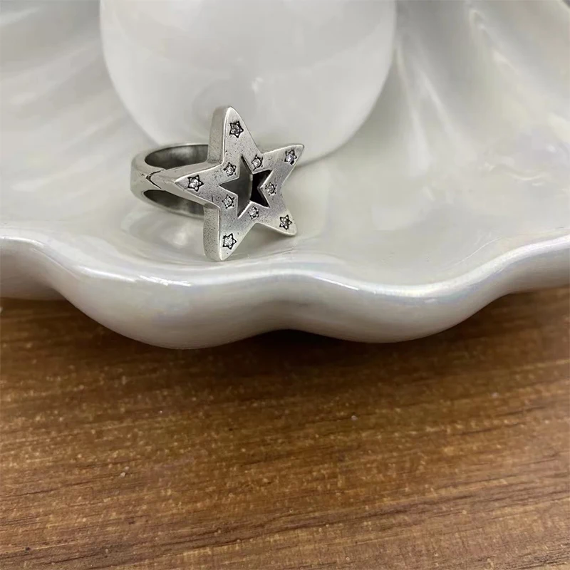 Burnished Metal Color Star Rings Heavy Punk Styles For Women Men Retro Vintage Hand Jewelry Girl Fashion Trendy New Design C1200