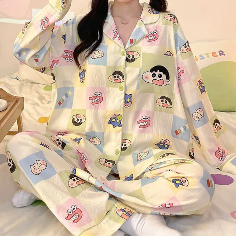 Macaron Plaid Crayon Shin Chan Cartoon Print Long Sleeve Long Pants Pajama Two Piece Set For Women