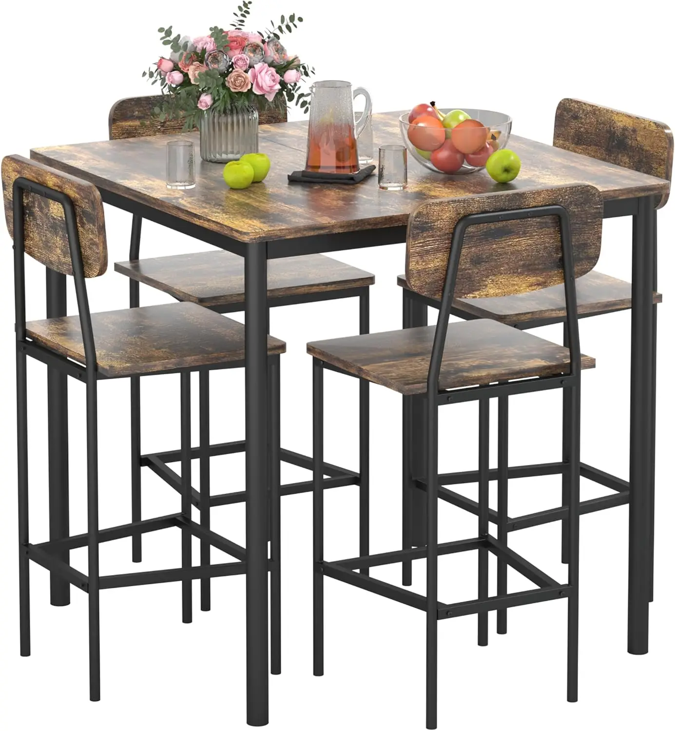 Kitchen Table and Chairs for 4, Industrial Rustic Brown Dining Set, Space-Saving Design for Family Dinner & Parties