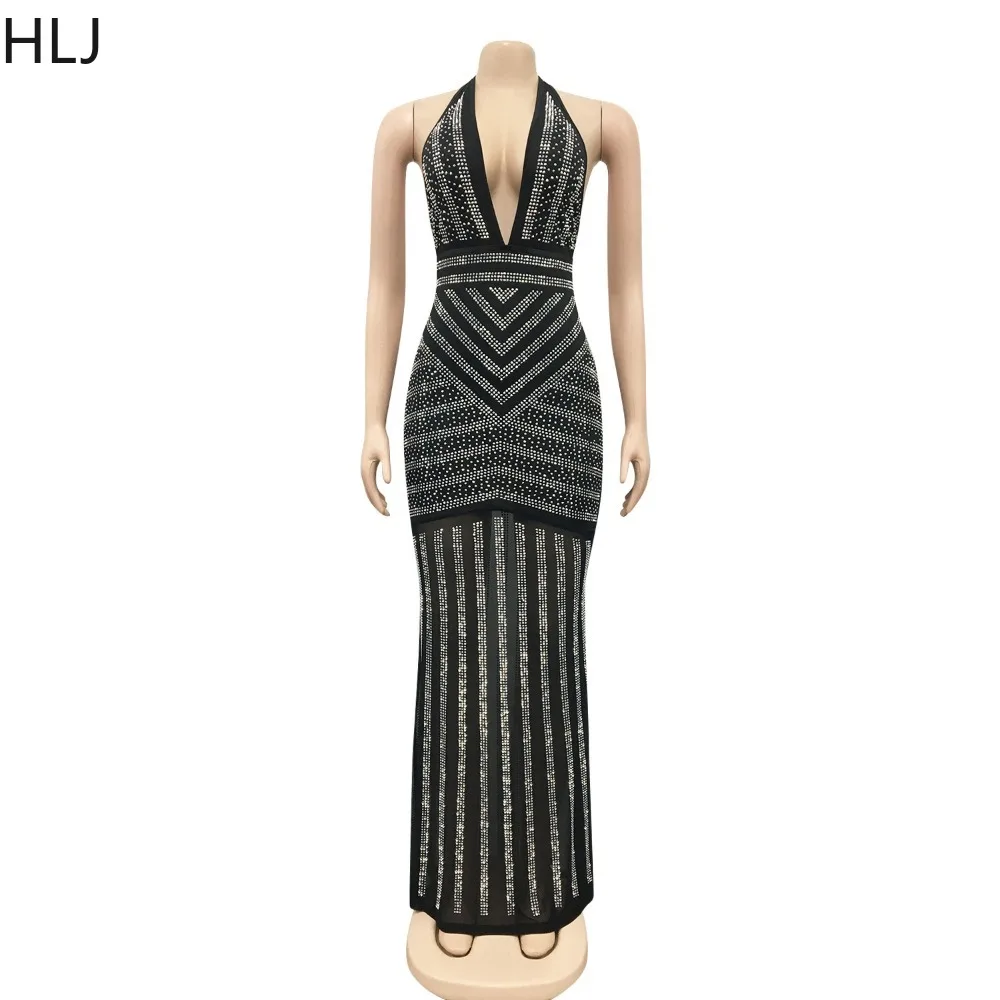 HLJ Black Sexy Deep V Luxury Rhinestone Evening Party Dresses Women Halter Bodycon Floor Vestidos Fashion Backless Clothing 2023