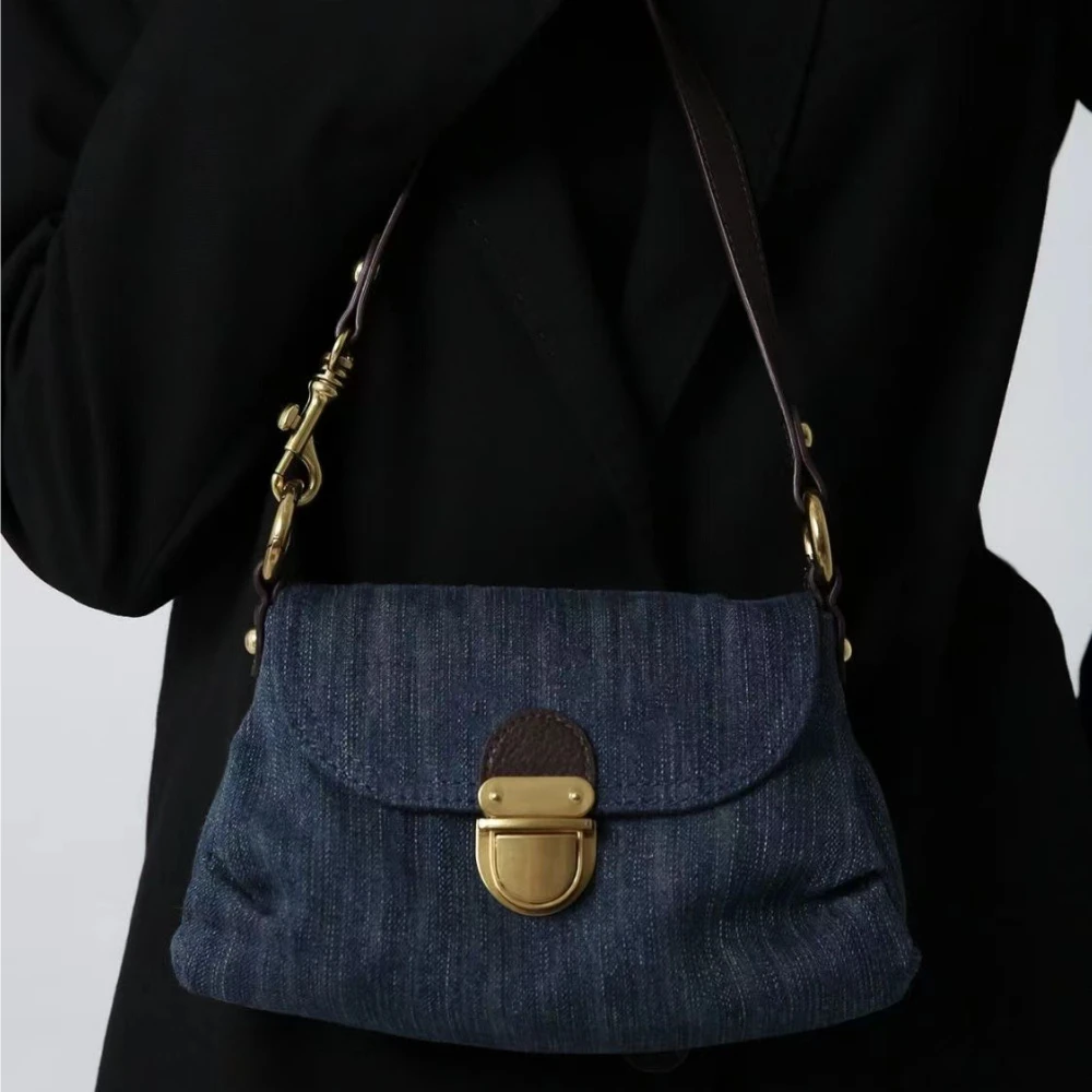 

Retro Trendy Denim Ladies Handbag High Quality Solid Color Shopping Crossbody Bag Adjustable Strap Versatile Underarm Bag