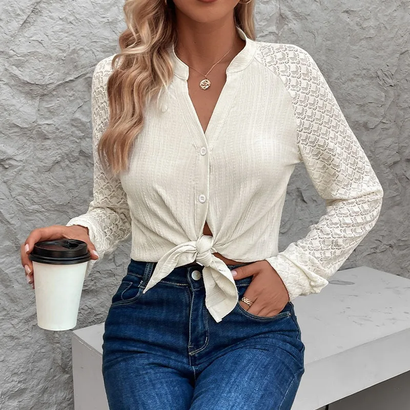 New European American Spring Autumn Commuter Casual Cardigan Stand Collar Pleated Lace Solid Color Shirt for Women Blouses