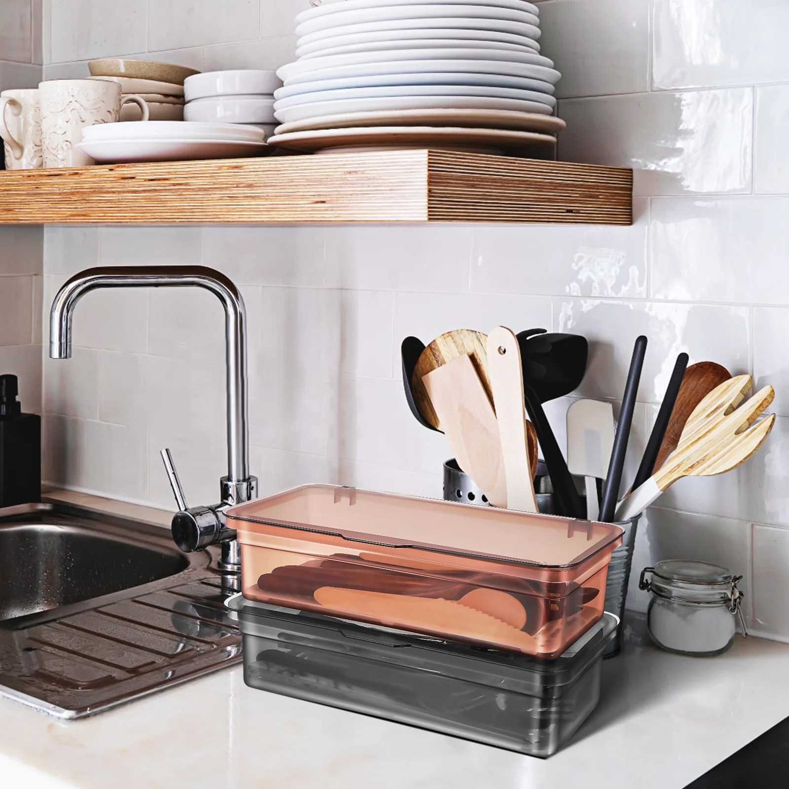 2 قطعة منظم أدوات بلاستيكية مع لوحة تصريف صندوق تخزين الفضيات للمطبخ كونترتوب أدوات المائدة حاوية صينية المنزلية #4