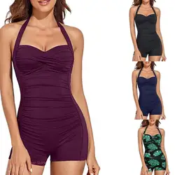 Women Tummy Control Piece Swimsuits with Shorts Boyleg Retro-Bathing Suit Halter-Swimwear Ruched Monokinis Swimsuit
