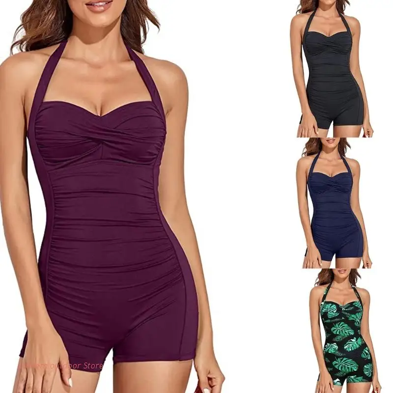 Women Tummy Control Piece Swimsuits with Shorts Boyleg Retro-Bathing Suit Halter-Swimwear Ruched Monokinis Swimsuit