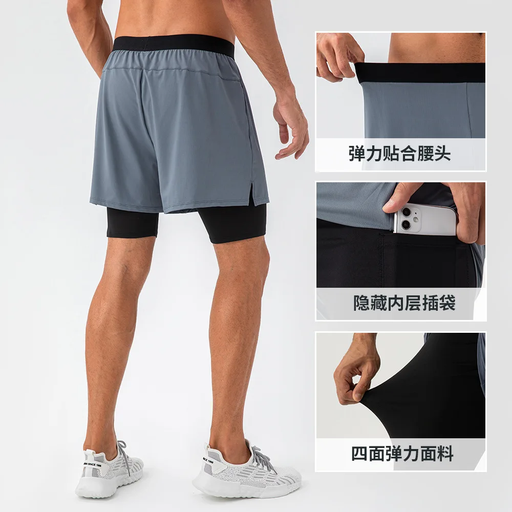 Shorts de secagem rápida dos homens, calções de ginástica, respirável, alta elasticidade, dupla camada, absorção de suor, treinamento, fitness, treinamento