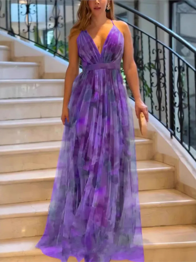 Woman's Elegance Party Prom Long Dress Summer Fashion Print Sexy Deep V-neck Sling Dresses Ladies Foreign Style Big Hem Vestidos