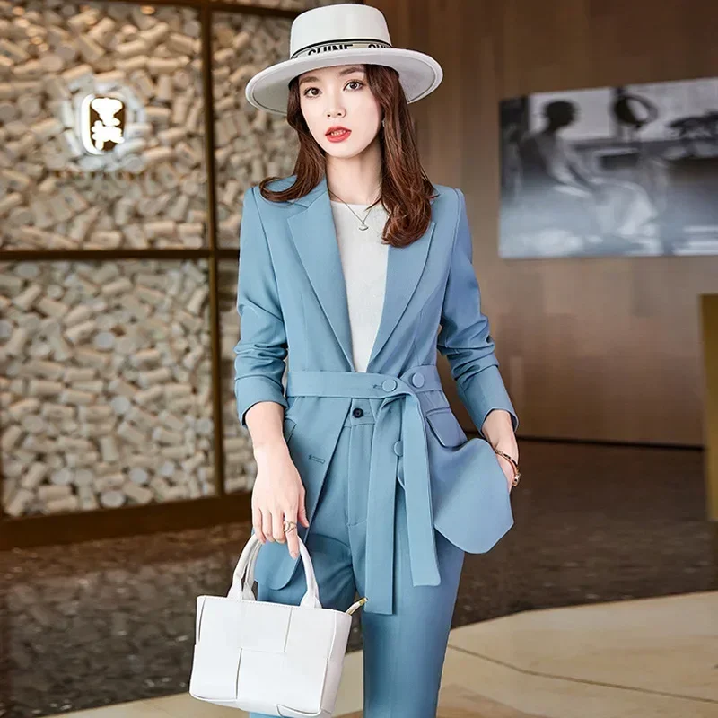 

Blue Women Suits 2 Piece Blazer+Pants Female Coat With Belt Trousers Prom Dress Formal Spring Office Lady Business Work Wear