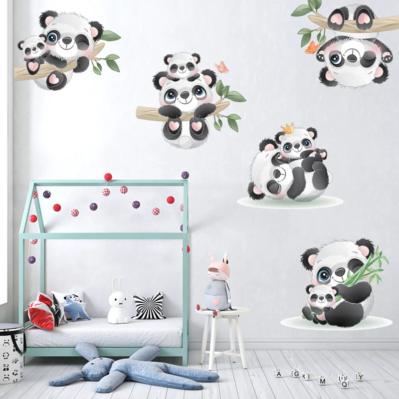 Cute Parent-child Panda Pandas Bamboo Branch Vinyl Wall Art Stickers Home Decoration for Kids Rooms Cartoon Painted Wallpaper