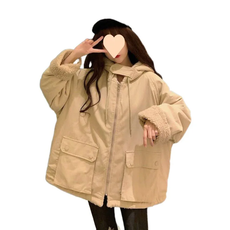 Women Oversized Parkas Hooded Thick Coat Ladies Soft Kawaii Jacket Double Sided Outerwear Autumn Winter Warm Long Sleeve Bomber