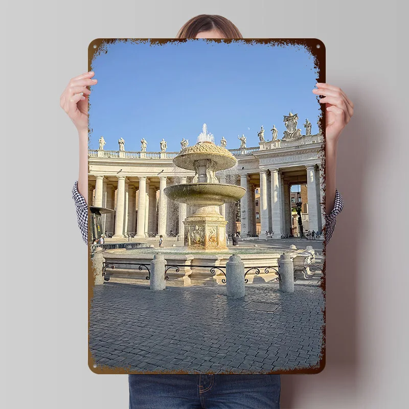 Fountain in St. Peter's Square Vatican Metal Poster Custom Wall Art Retro Vintage Tinplate Signs for Man Cave Garage Decoration