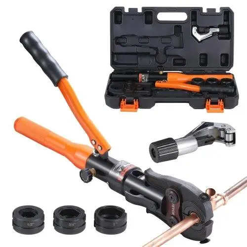 Universal Copper Tube Crimping Tool with 1/2, 3/4, 1 Jaws & Pipe Cutter for Easy Installation