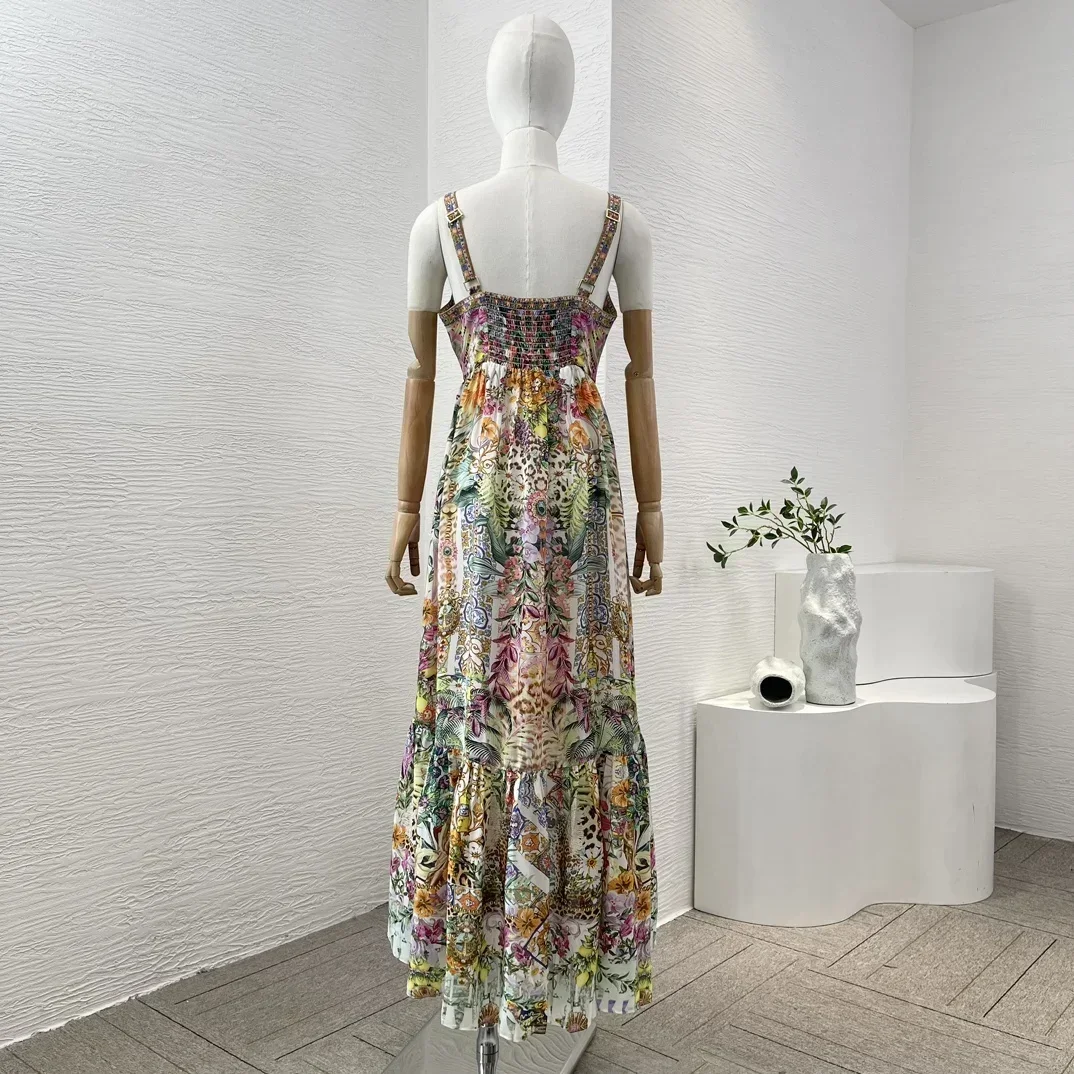 Summer New 2024 Silk Multi-color Floral Leopard Print Sleeveless Sweetheart Neck Diamonds Women Re-tro Beach Style Midi Dress