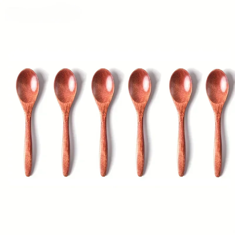 6PCS Wooden Tea Spoon Long Coffee Spoons Small Teaspoon Set Wood Honey Dessert Spoon Coffee Drink Stirrer Teaspoons Tableware