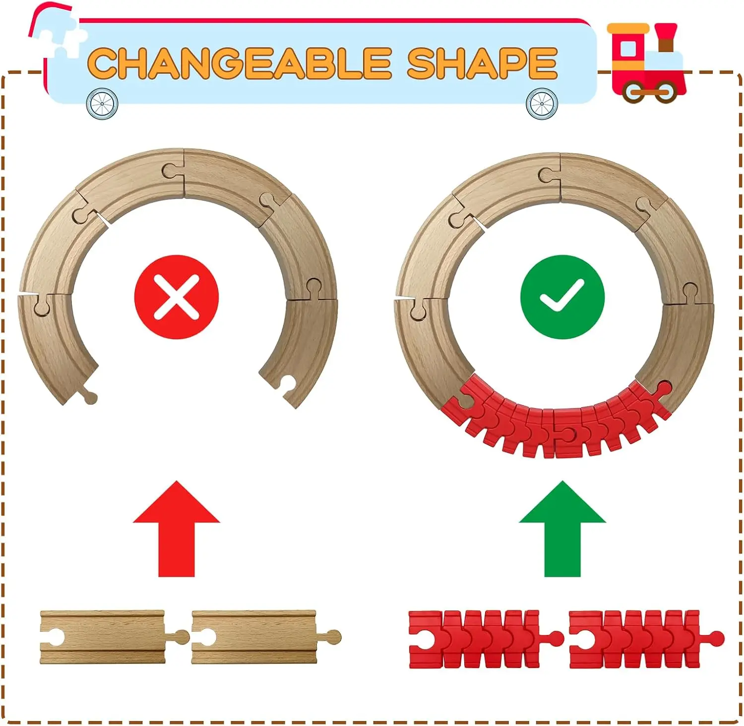 Zubehör für Holzeisenbahnschienen, 8er-Pack bunte, flexible Schienen, kompatibel mit allen großen Marken, Holzeisenbahnschienen, Weihnachtsgeschäft