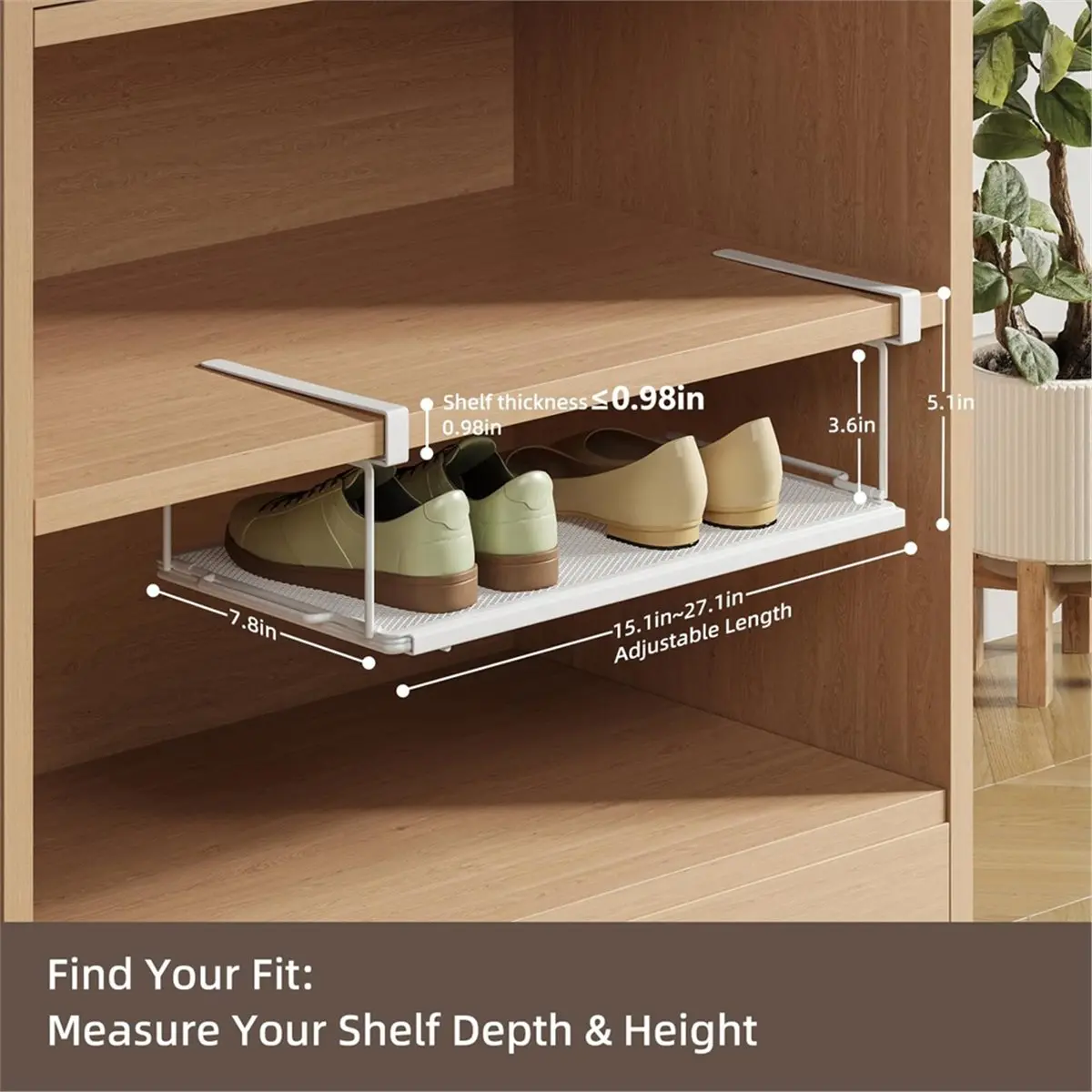 A67T NEW Expandable Under-Shelf Shoe Rack for Closet(1-Pack) - Adjustable Under Shelf Storage Organizer, No-Tool Installation