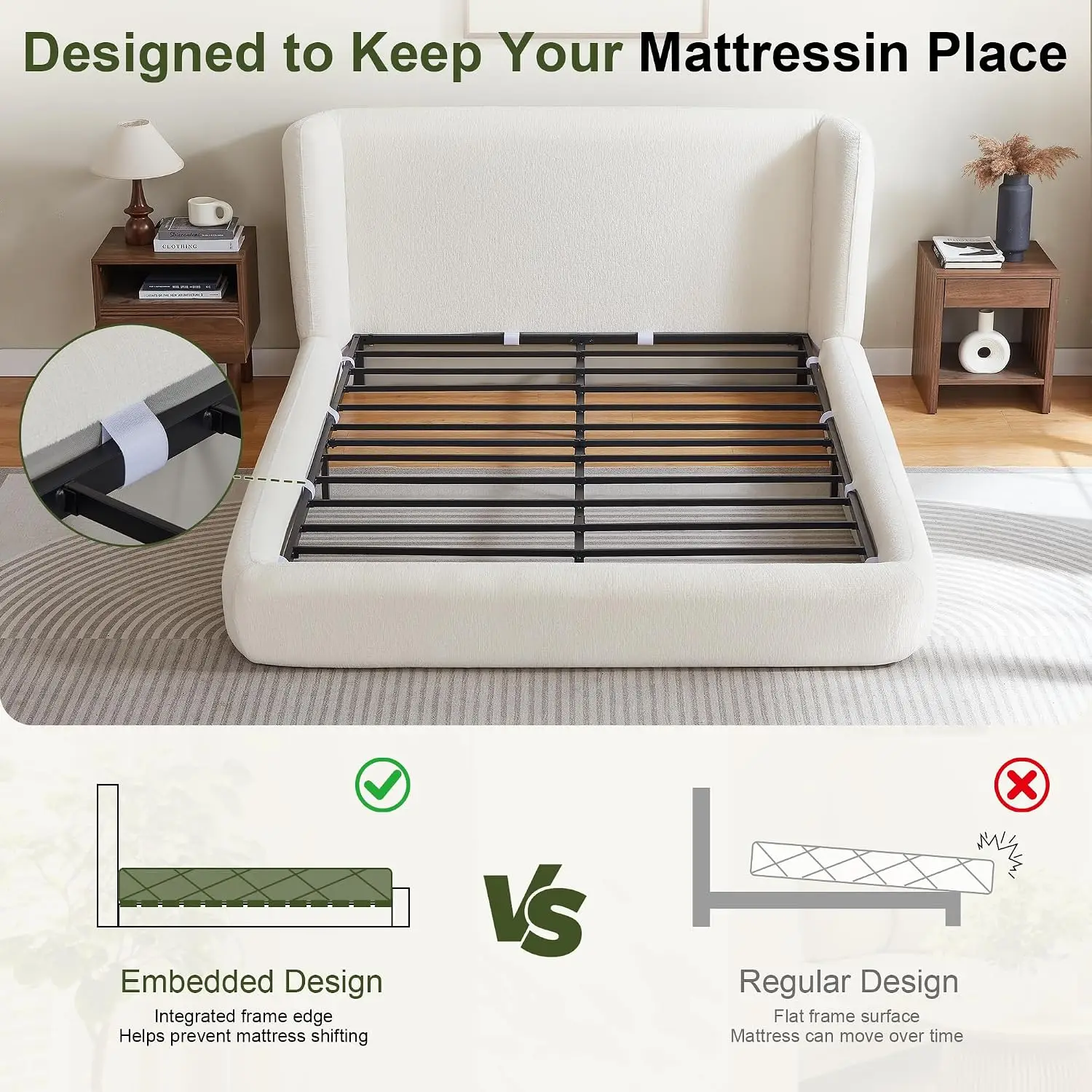 White Upholstered Platform Bed Frame With Headboard & Wood Slats Support No Box Spring Needed Bedroom Furniture, Customized