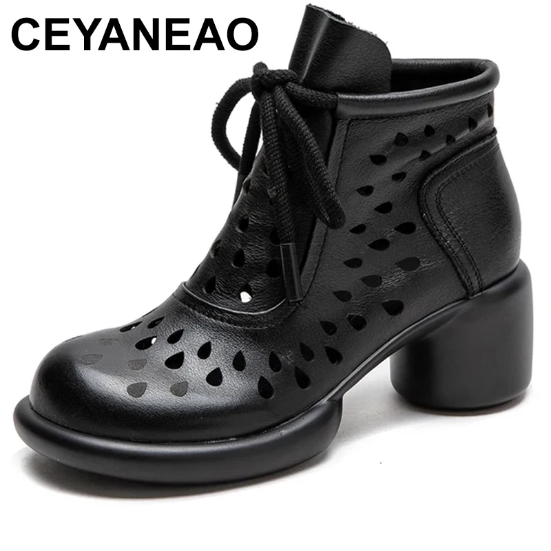 Fashion Women Thick High Heel Ankle Boots Summer Hollow Breathable Shoes Ladies Genuine Leather zipper Cool Short Boots