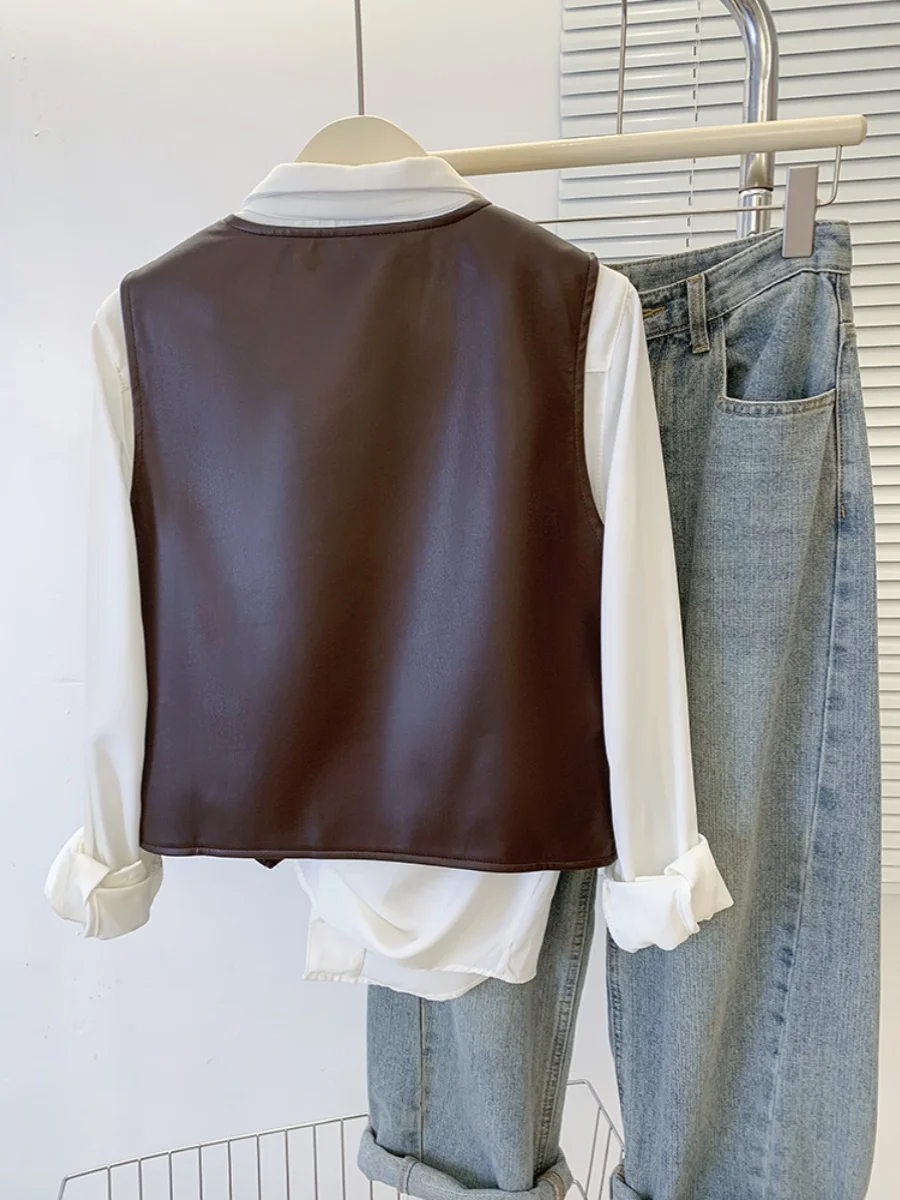 เสื้อกั๊กหนัง PU สไตล์เรโทรสำหรับผู้หญิง รุ่นใหม่ ฤดูใบไม้ร่วง ฤดูหนาว ดีไซน์ทันสมัย เหมาะสำหรับใส่เป็นเสื้อคลุม