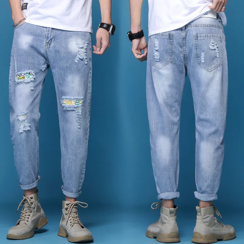 Jins ketat pria, celana denim lelaki longgar Semua cocok, lembut nyaman, bersirkulasi udara, unik, mode jalanan, musim panas