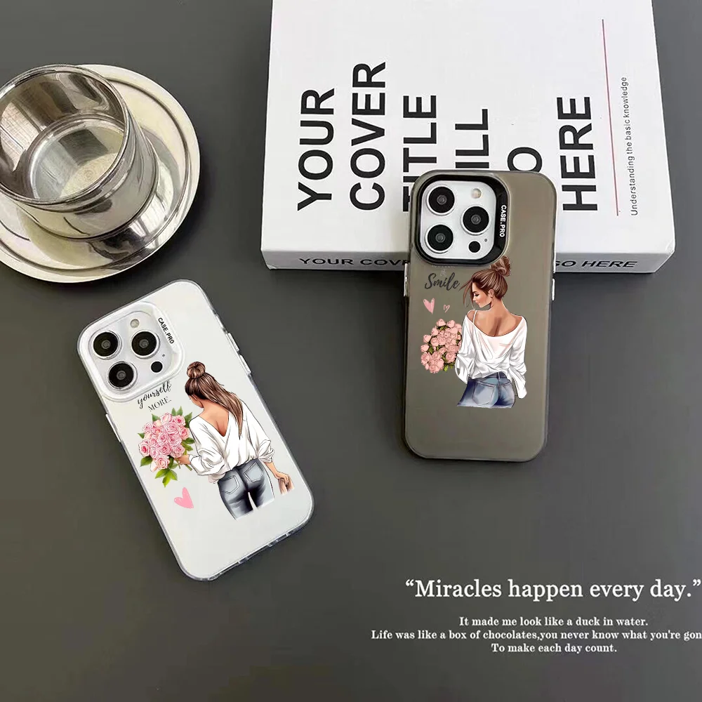 Girl Princess Female Woman Coffee Phone Case IMD Color Silver Shell For IPhone 16 15 14 13 12 Pro Max Plus