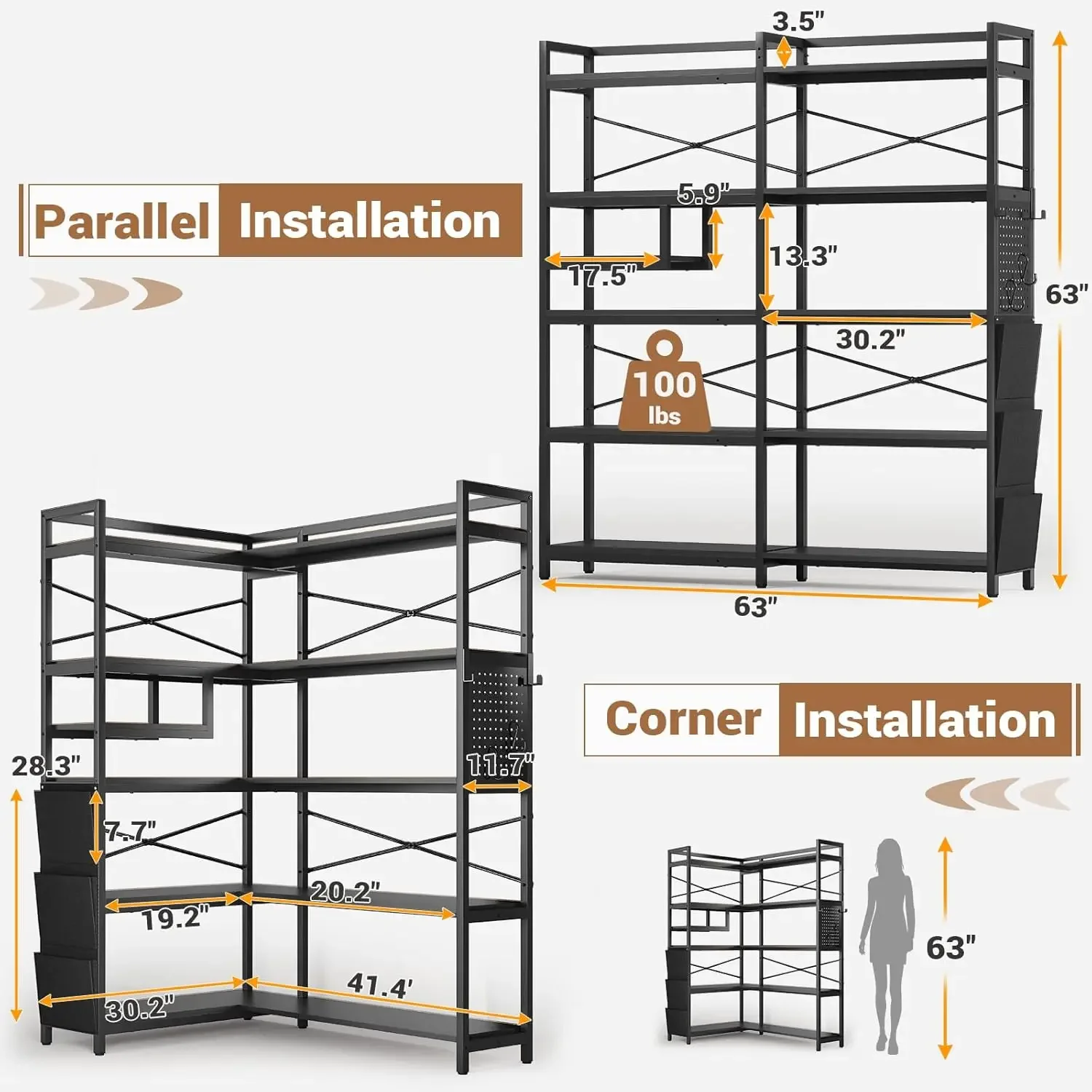 Corner Bookshelf, Convertible 5-Tier Bookshelves with Storage or 63