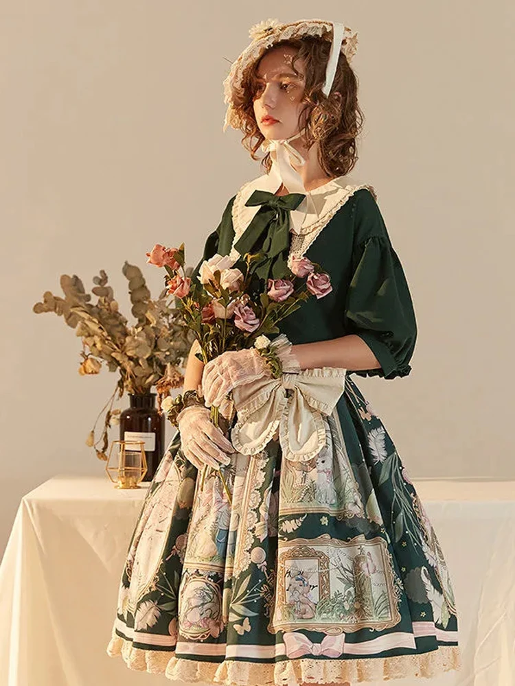 NONSAR Women's Easter SK Half Bow Lolita Dress Elegant Flower Print Green Party Clothes NEW HOT