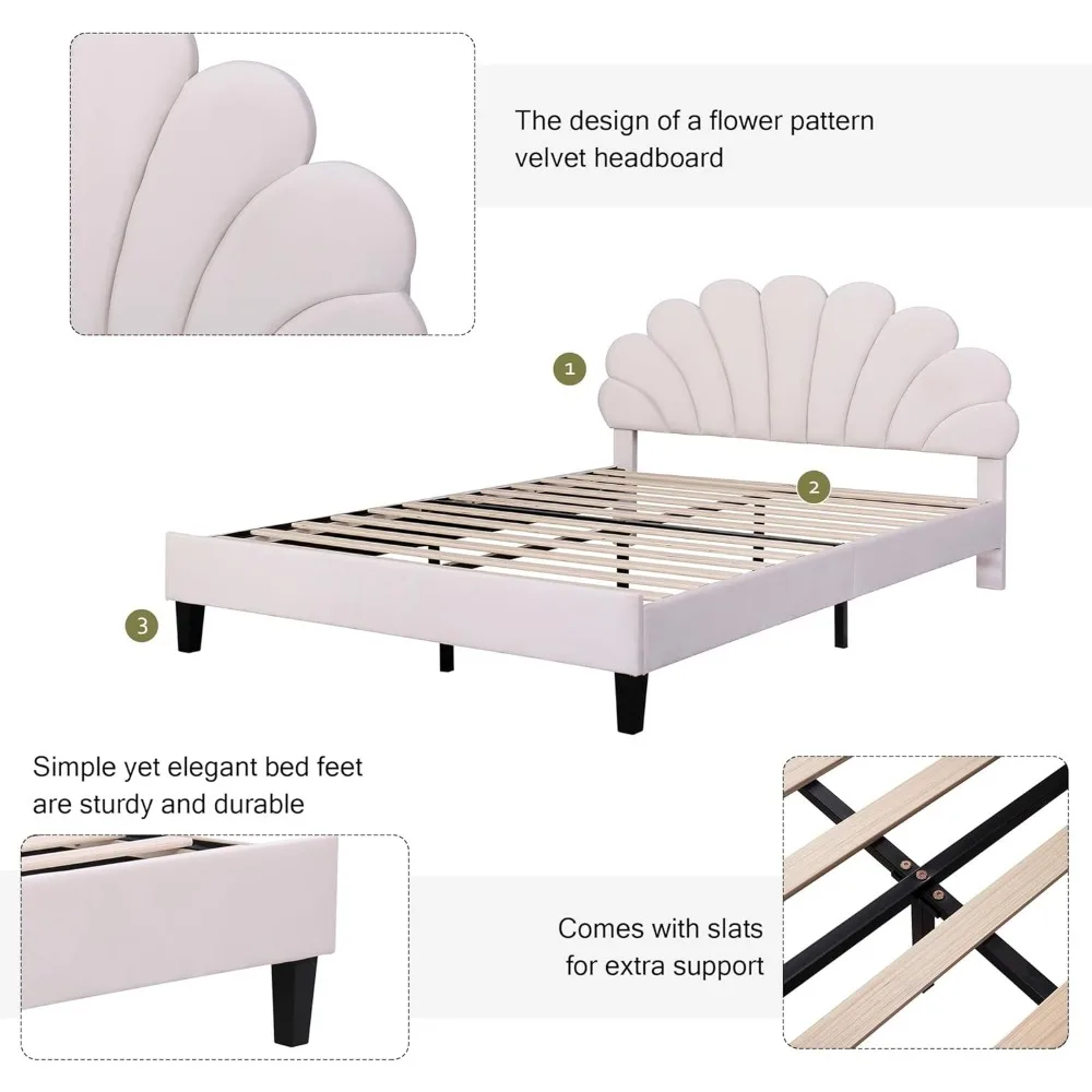 Bedbodems Gestoffeerd Platformbed, Platformbed Met Fluwelen Hoofdeinde Met Bloemenpatroon, Geen Boxspring Vereist, Bedbodems