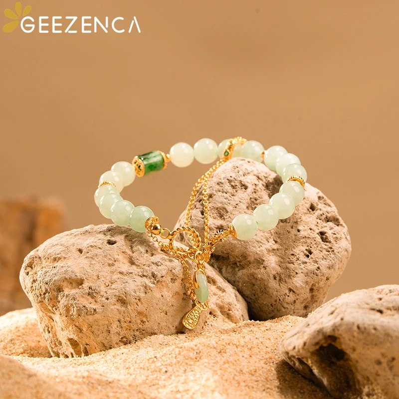 GEEZENCA Natural Jadeite Bead 925 Sterling Silver 18K Gold Strand Bracelet For Women Ethnic Vintage Luxury Bracelets 2024 New