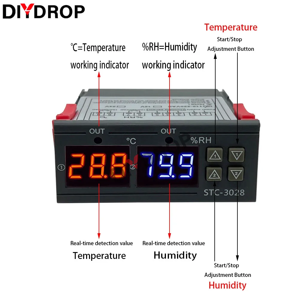 Podwójny cyfrowy termostat kontrola temperatury i wilgotności STC-3028 termometr higrometr kontroler inkubatora AC 220V DC 12V 24V