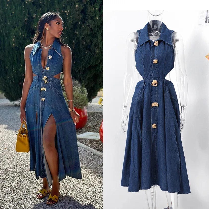 Vintage Lapel Hollow-Out Open-Waist Tight Waist Slimming Sleeveless Single-Breasted A- Line Slip Denim Dress Casual Vestidos