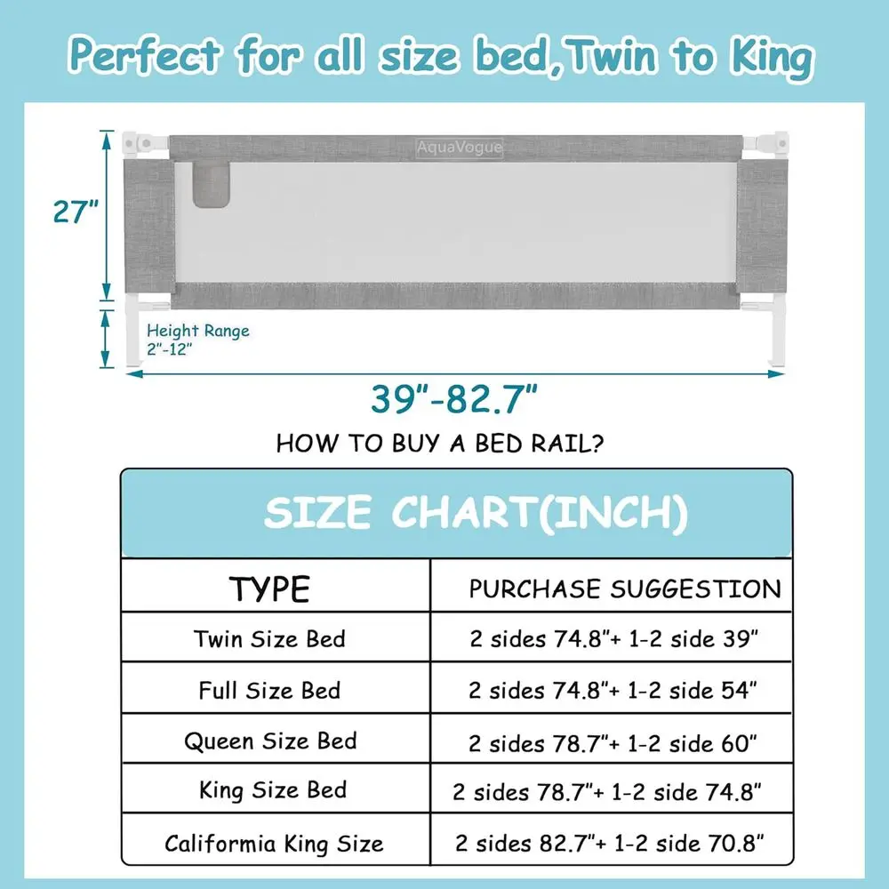 Height Adjustable Toddler Bed Rails for Queen Size Bed - Grey