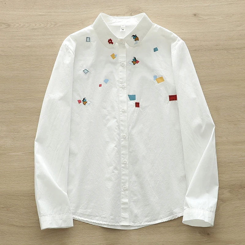 

New Spring Autumn Casual Sweet Embroidery Tops Women Clothing White Color Long Sleeve Slimming Cotton Shirts & Blouses U003