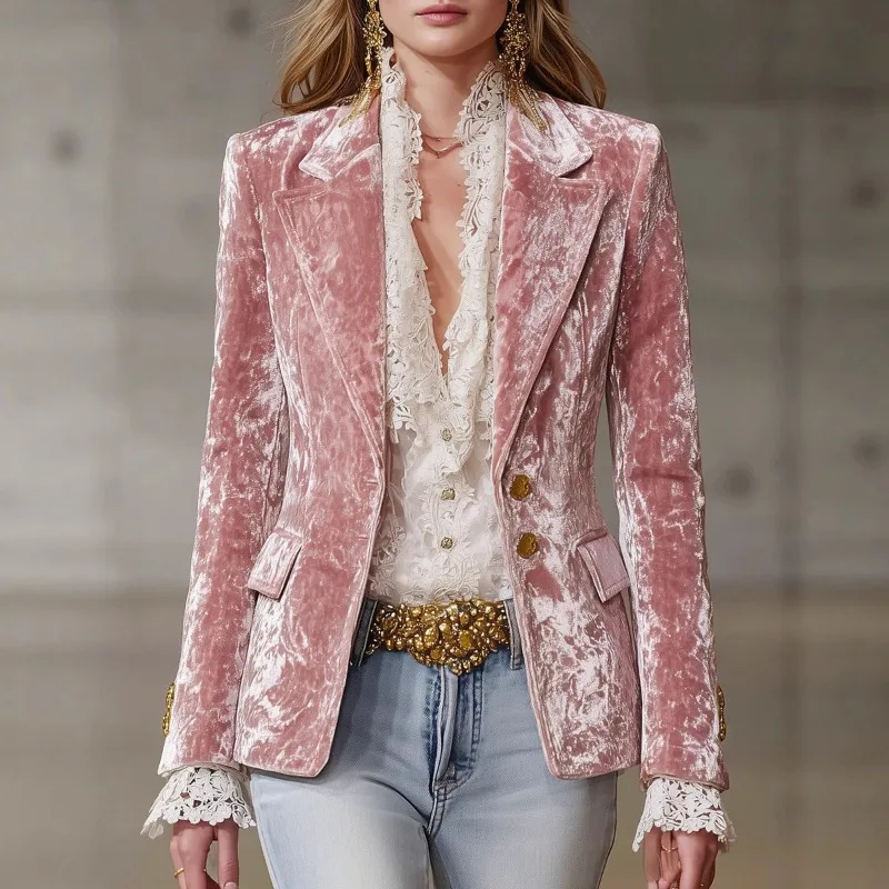 

European American Women's Clothing Lapel Long-sleeved Fashion Fitted Suit Pocket Jacket High-end Elegant Jacket Women's Clothing