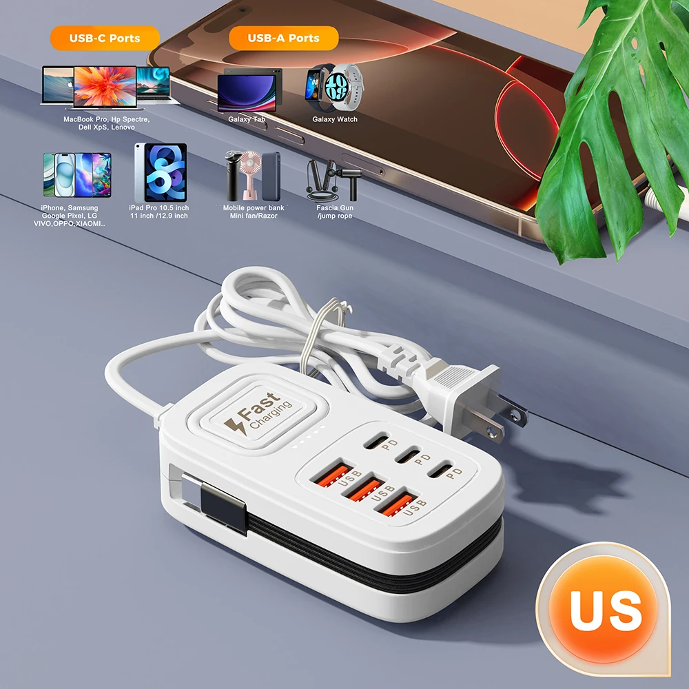 6-in-1-Schnellladestation, Multi-Port-USB-Typ-C-Desktop-Ladegerät, Steckdose, Ladeadapter für mehrere Geräte, EU-, US- und UK-Stecker
