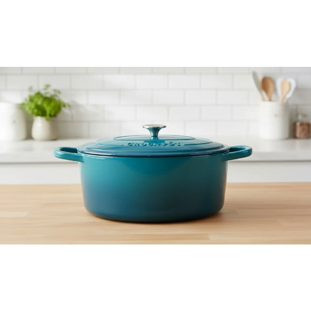 

7-Quart Oval Enameled Cast Iron Dutch Oven, Teal Ombre - Perfect for Slow Cooking & Baking
