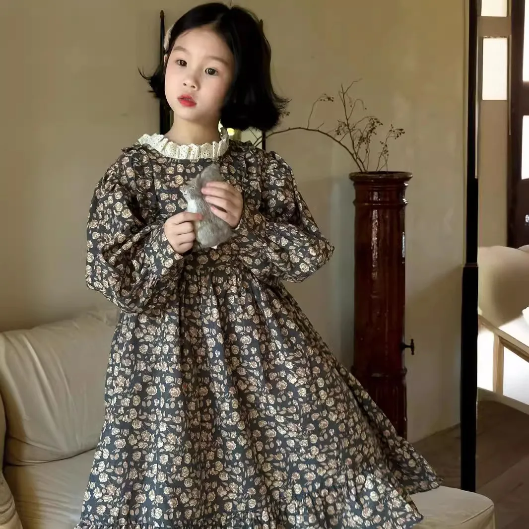 

Autumn Children Girl Princess Dress Cotton Floral Printed Long Sleeve Baby Girl Dress Loose Lace Collar Casual Little Girl Dress