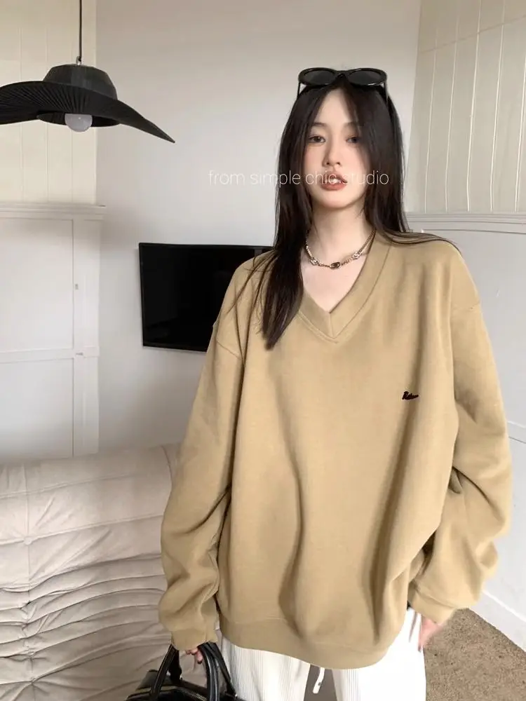 HOUZHOU Korean Hippie Chic Gray Sweatshirts Women Y2K Japanese Style Oversize Beige Hoodies Female Kpop Loose Long Sleeve Tops