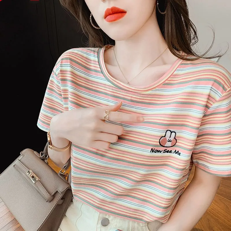 2023 Summer New Striped Short Sleeve T-shirt Women's Korean Female Clothing Version Loose Embroidered Elegant Fashion Tops