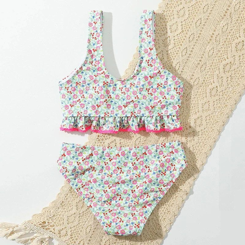 2025 Summer Swimwear Girls Floral Swimsuit Kids Fashion Casual Split Swimwing Clothes Kids Sweet Bikini New Holiday Beachwear