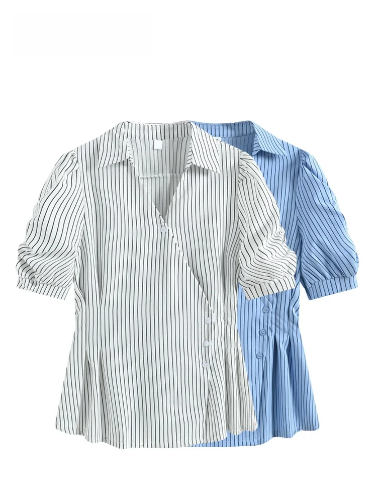

plus Size Striped Short Sleeve Shirt Women Summer New Style Flattering Meat Covering Top Korean Style Commute Fashion
