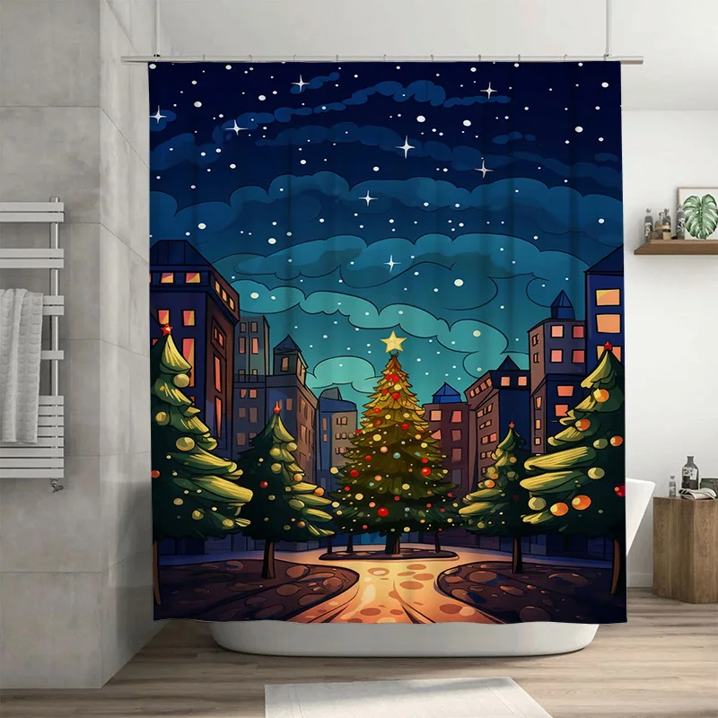

Tuniu Очаровательная зимняя деревня Праздничная занавеска для душа Праздничный рождественский пейзаж Фон Водонепроницаемый декор