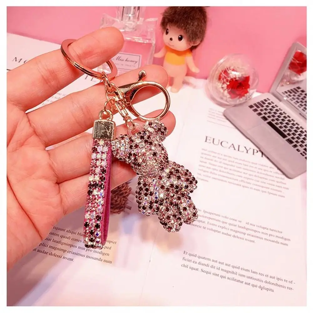 Gift Couple Key Ring Accessories Leather Strap Lanyard Bag Pendant Key Chain Rhinestone Bear Crystal Keychain Bag Charms