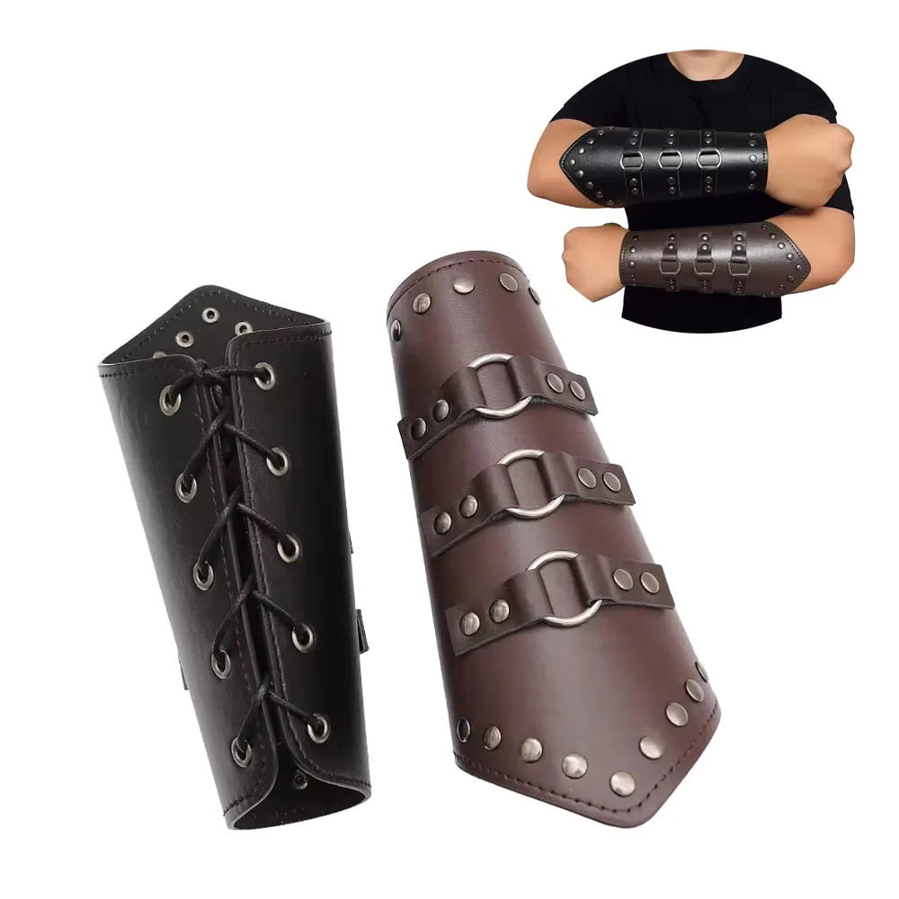 

2025 Men Medieval Cosplay Leather Armor Arm Warmers Lace-up Viking Pirate Knight Gauntlet Wristband Bracer Steam Punk