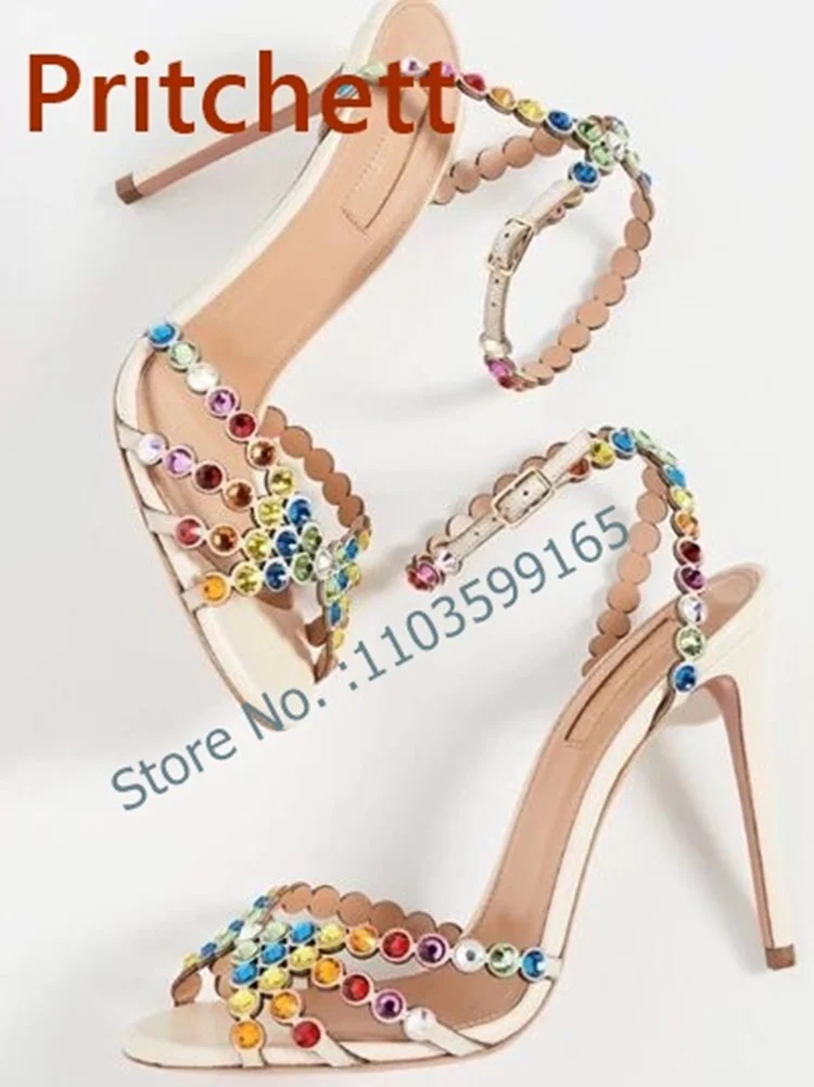 Crystal Peep Toe Stiletto Sandals Buckle Strap High Heel Dress Shoes Colorful Slingback Bling Runway Shoes Summer Newest Fashion