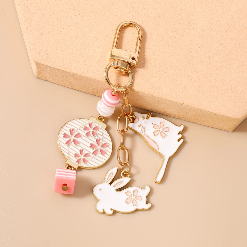 Aihua Harajuku Sakura Blumen-Laternen-Katzen-Schlüsselanhänger für Frauen und Mädchen, Schlüsselring-Anhänger zur Handtaschendekoration, DIY-Schlüsselhalter, Schmuckgeschenke – Detail 2